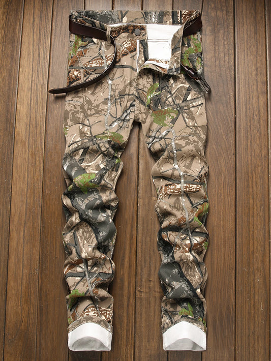 Stylish Mid Stretch Slim Fit Jeans - Men's Mid Waist Distressed And Ripped Denim Jeans With Tassels For All Seasons Street Wear