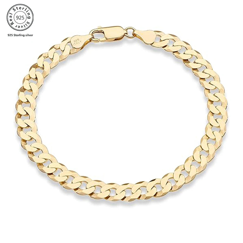 18K Gold Plated 7mm Bracelet for Men Women 925 Sterling Silver Curb Cuban Chain Bracelet Fashion Jewelry Gifts Shipping from USA