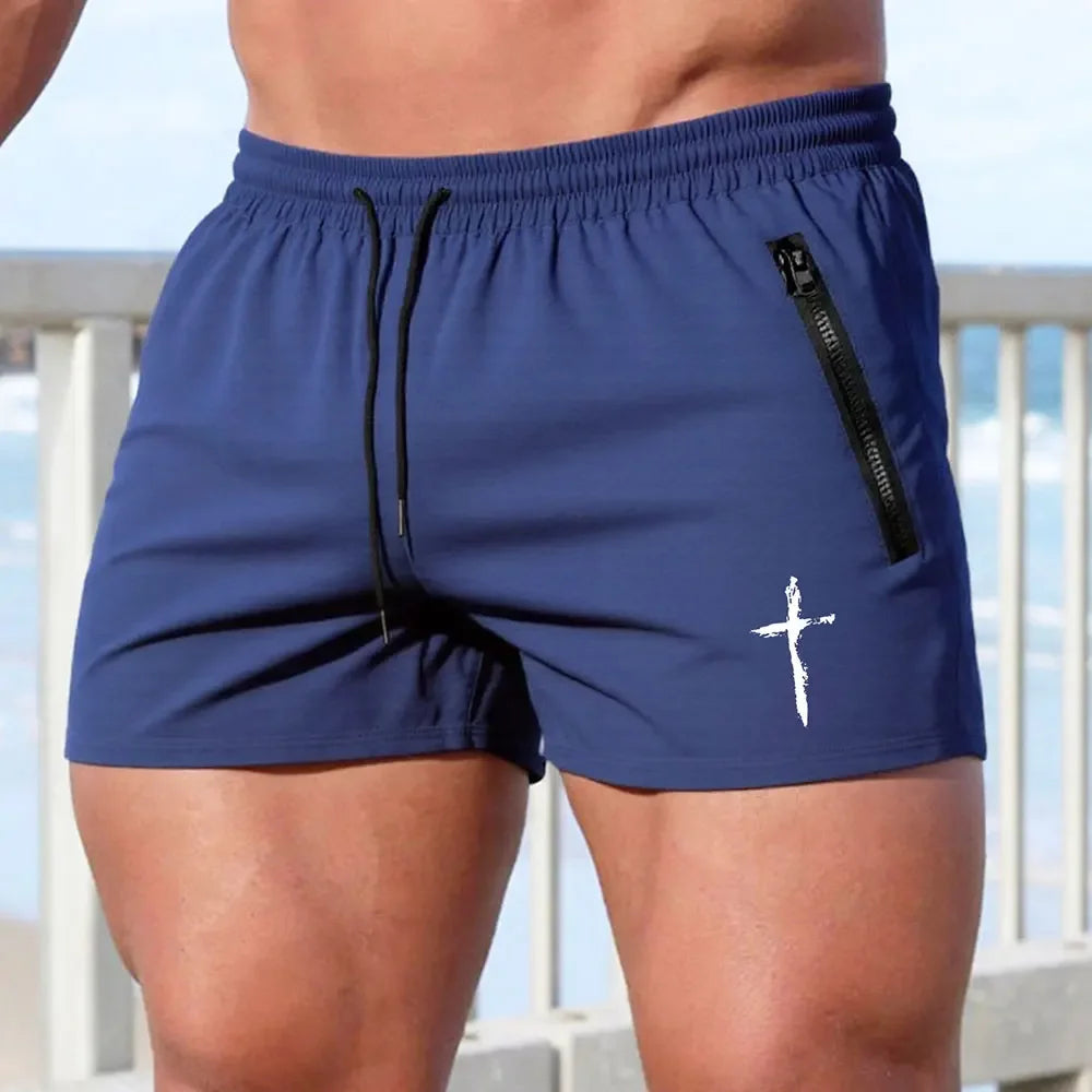 Men's Cross Print Beach Shorts Summer Quick Dry Side Double Zipper Pockets Design Running Basketball Training Gym Shorts