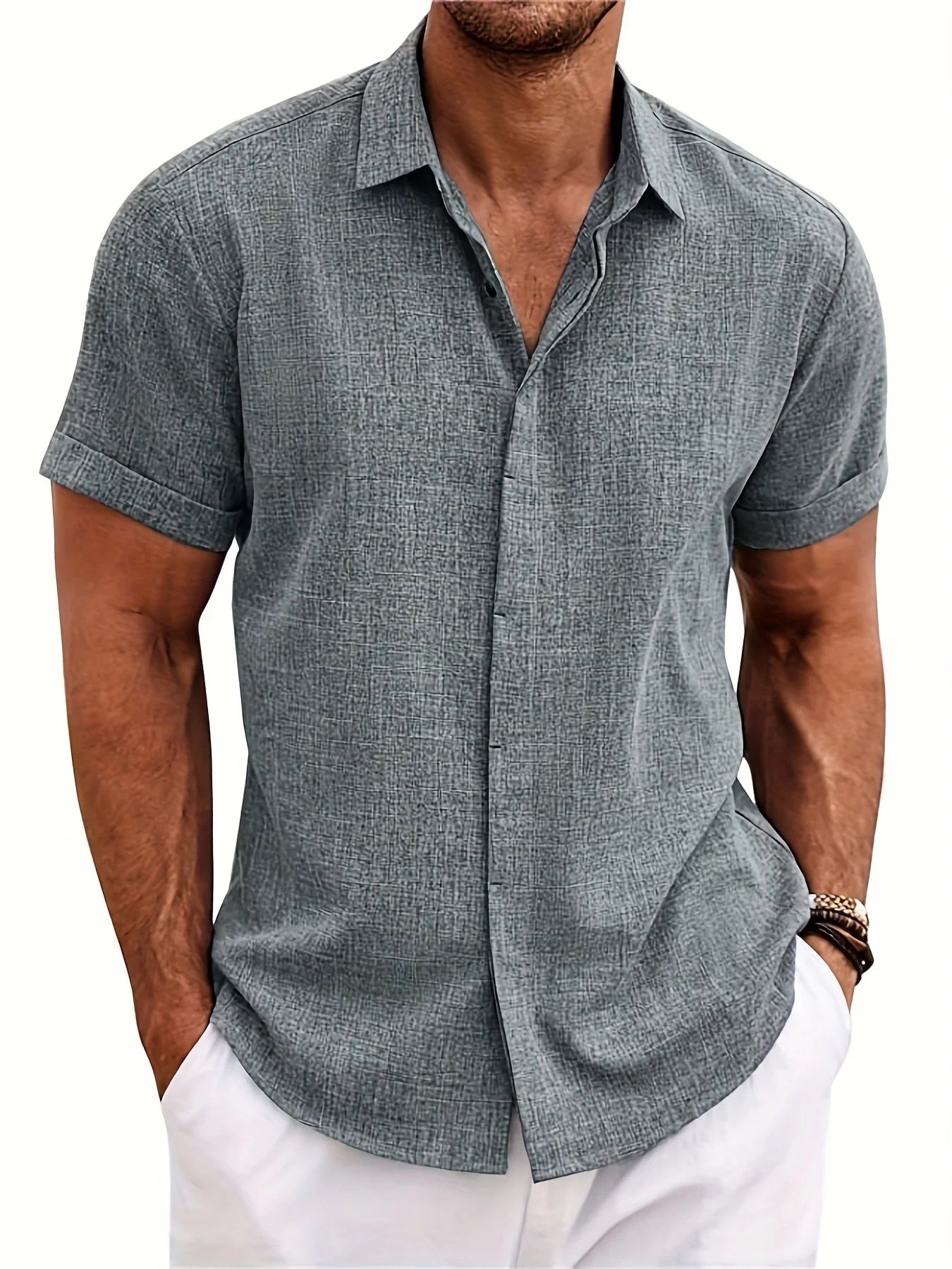 Men's Double Front Hemp Cardigan Short Sleeve High Quality Shirt Summer Home Short Sleeve Lapel Shirt