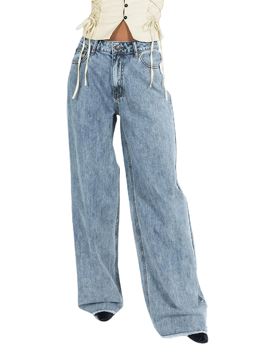 Women Wide Leg Jeans Trousers Solid Color Elastic Casual Loose Pants for Work Office Streetwear