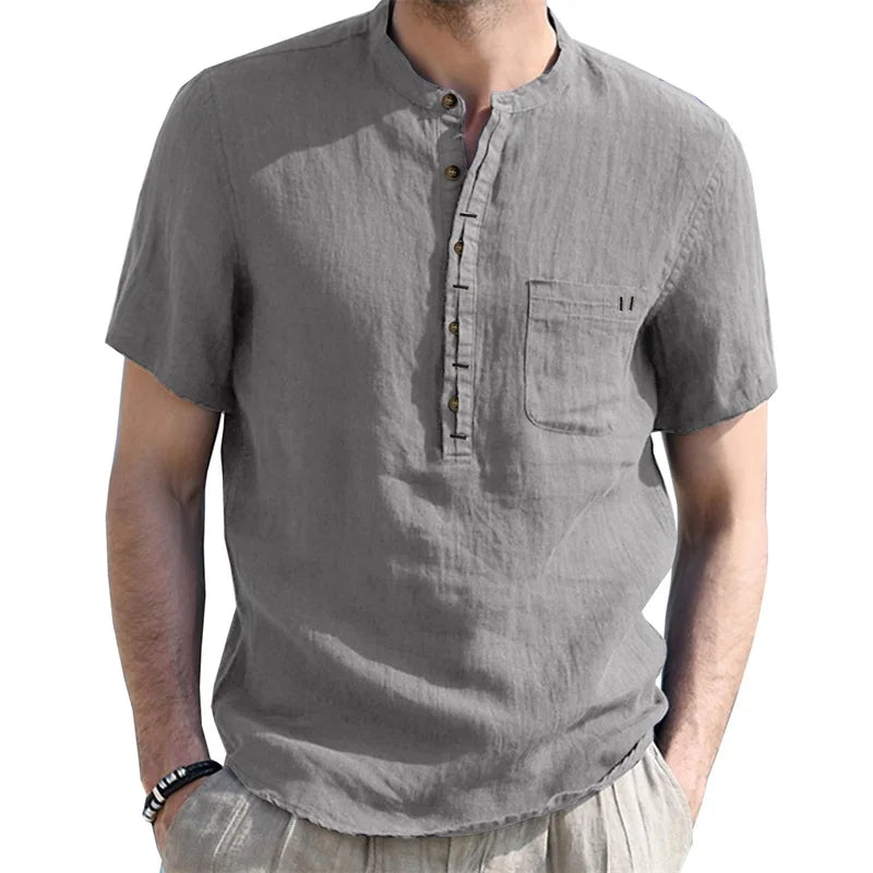 Men s Casual  Fit Short Sleeve Linen Henley Shirt Lightweight Breathable Solid Color Summer Tee Top with Round Neck