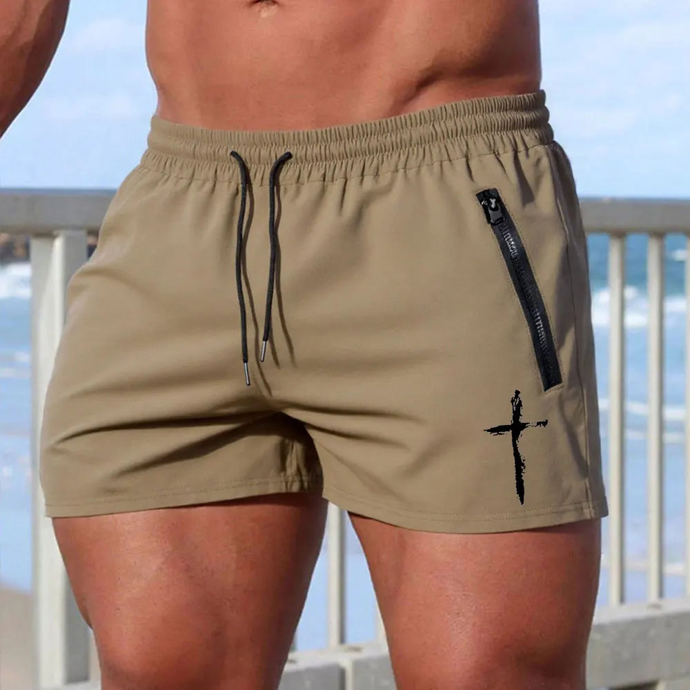 Men's Cross Print Beach Shorts Summer Quick Dry Side Double Zipper Pockets Design Running Basketball Training Gym Shorts
