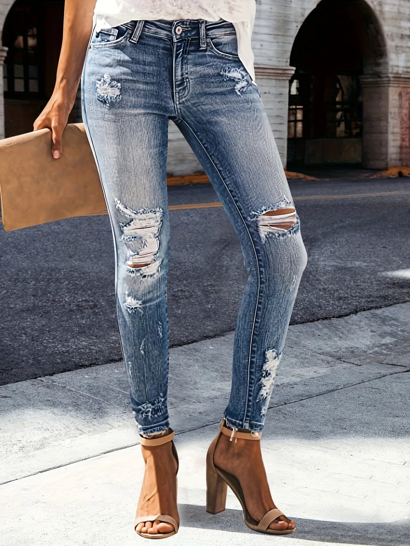 Women's High Waisted Ripped Tight Jeans - Casual Stretch Denim, Distressed Washed Blue, Slanted Pockets, Machine Washable, Suita