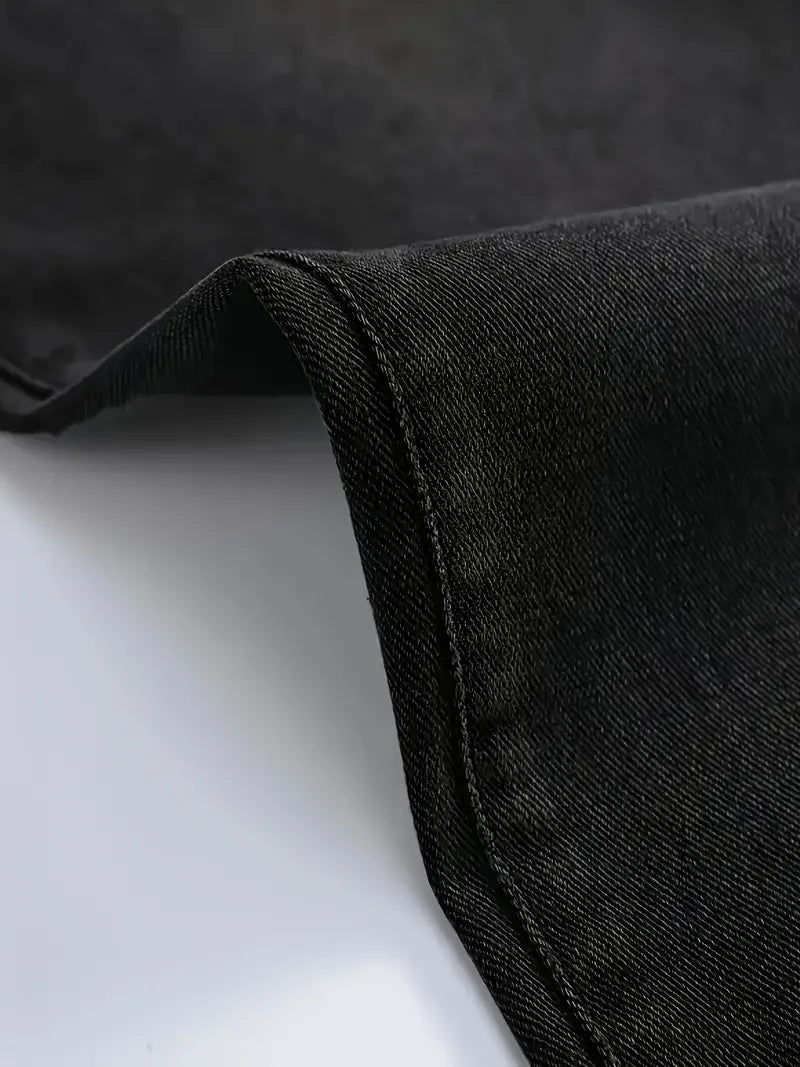 Men's Loose Fit Straight Leg Jeans - 65% Cotton 35% Polyester Blend, Dark Gray Casual Washed Jeans, 390gsm Heavyweight Fabric, A