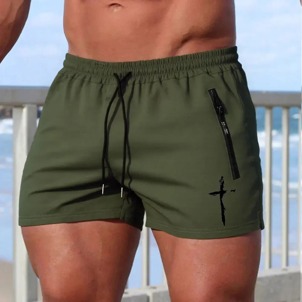 Men's Cross Print Beach Shorts Summer Quick Dry Side Double Zipper Pockets Design Running Basketball Training Gym Shorts