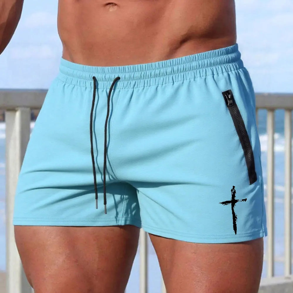 Men's Cross Print Beach Shorts Summer Quick Dry Side Double Zipper Pockets Design Running Basketball Training Gym Shorts