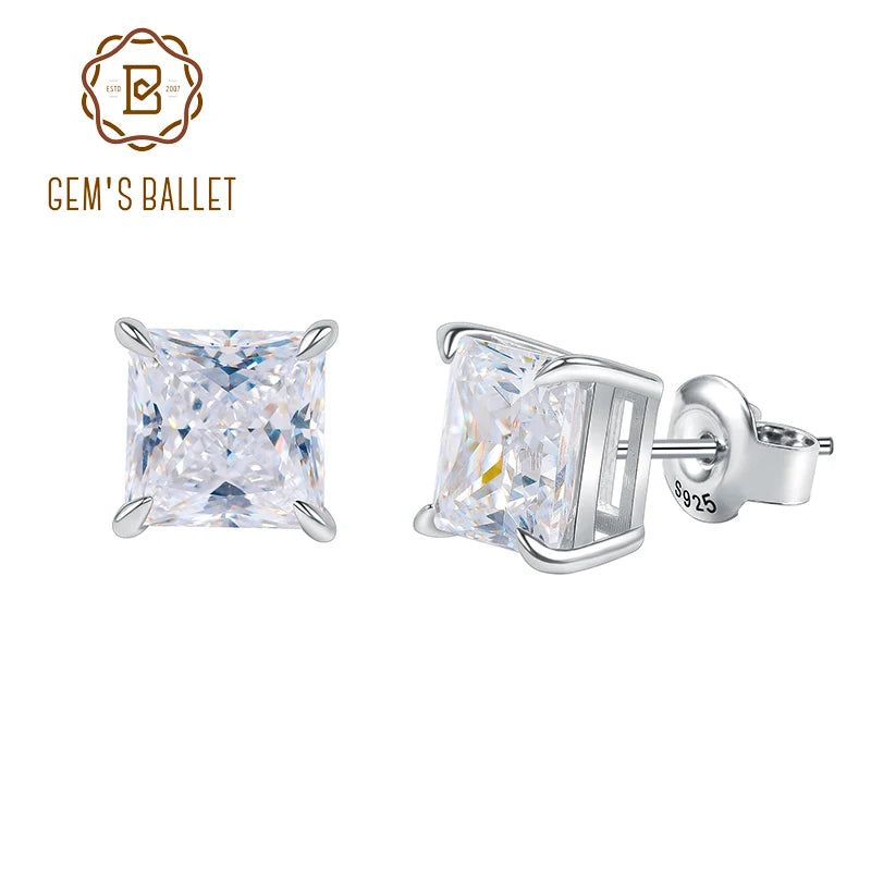 GEM'S BALLET 0.4 - 3.0CT D Color Classic Claw Prong Princess Cut Moissanite Stud Earrings in 925 Sterling Silver Gift For Her