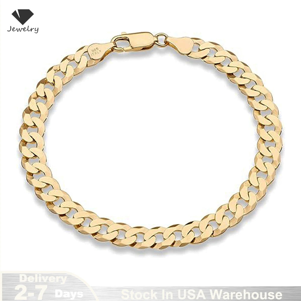 18K Gold Plated 7mm Bracelet for Men Women 925 Sterling Silver Curb Cuban Chain Bracelet Fashion Jewelry Gifts Shipping from USA