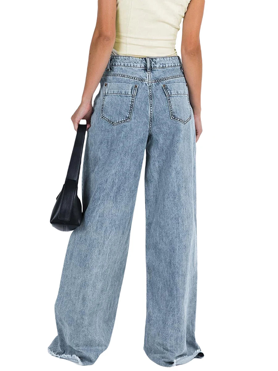 Women Wide Leg Jeans Trousers Solid Color Elastic Casual Loose Pants for Work Office Streetwear
