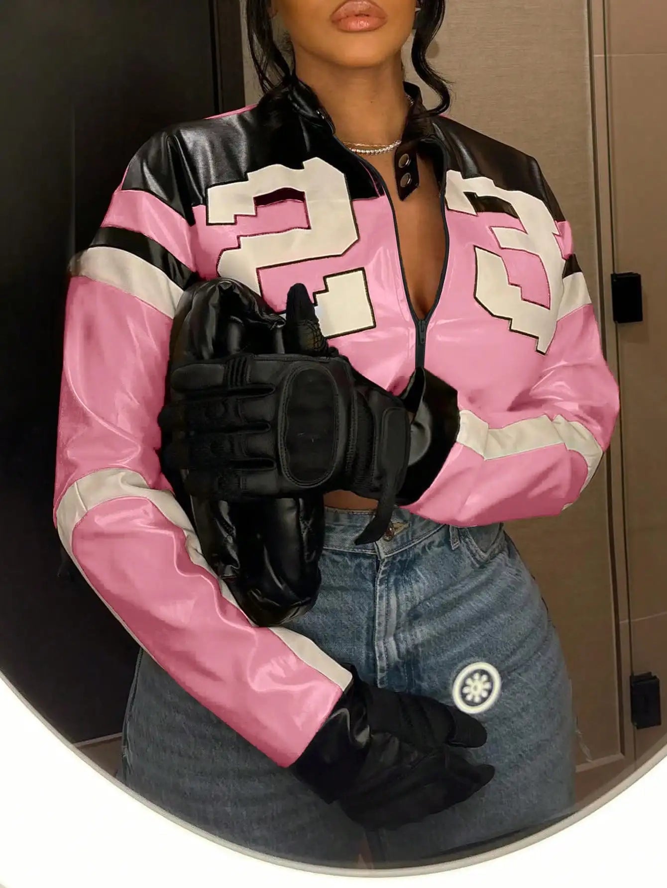 2025 Women's Faux Leather Jacket Short Red Coat Zipper Bomber Jacket Edgy Motorcycle Style Party Tops Casual Outfit Clubwea