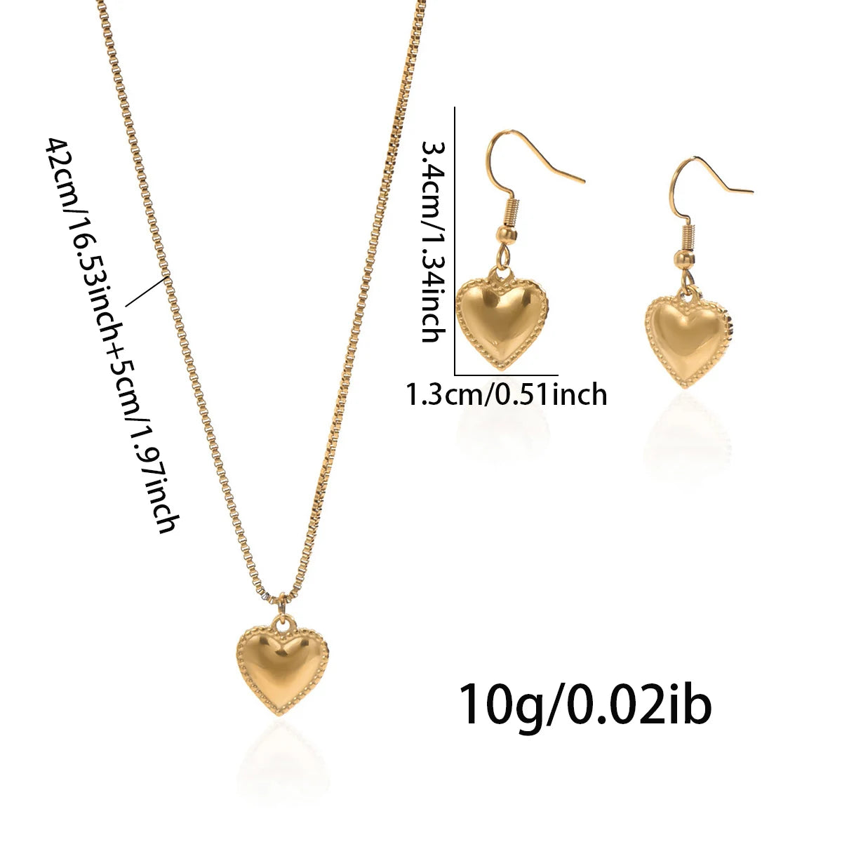 Lxalry 18K Gold Plated Symmetrical Heart Set, Hypoallergenic Necklace & Earrings, Mirror Polish, Never-Fade