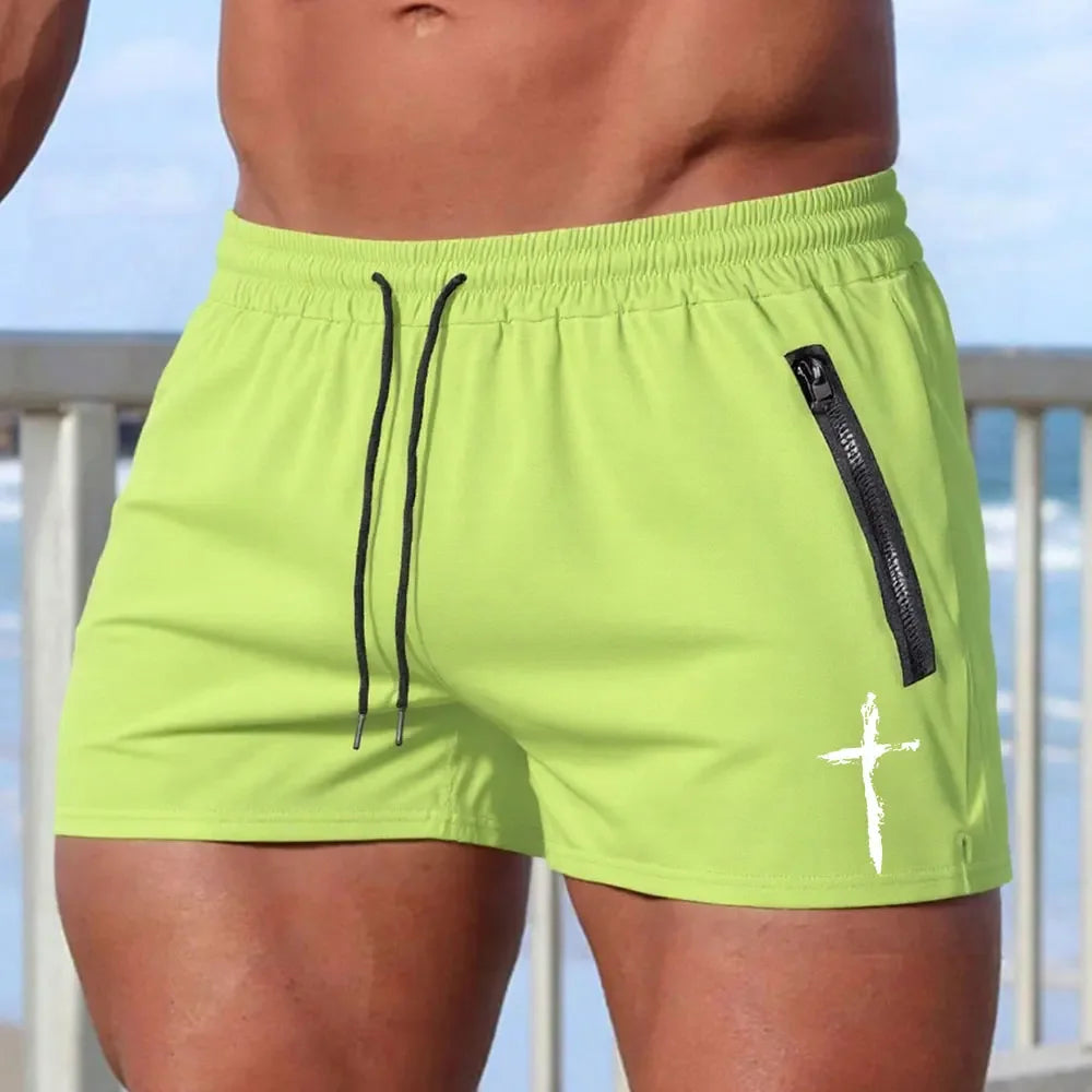 Men's Cross Print Beach Shorts Summer Quick Dry Side Double Zipper Pockets Design Running Basketball Training Gym Shorts