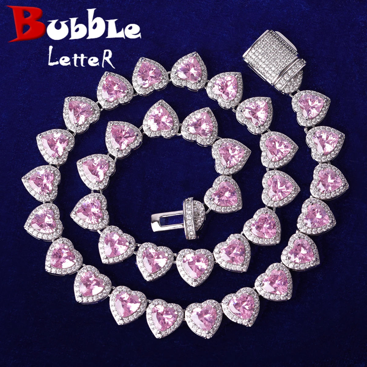 Bubble Letter Clustered Heart Tennis Chain for Women Glossy Girl Choker Prong Setting Necklace Pink Hip Hop Jewelry