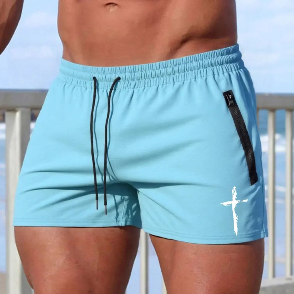 Men's Cross Print Beach Shorts Summer Quick Dry Side Double Zipper Pockets Design Running Basketball Training Gym Shorts