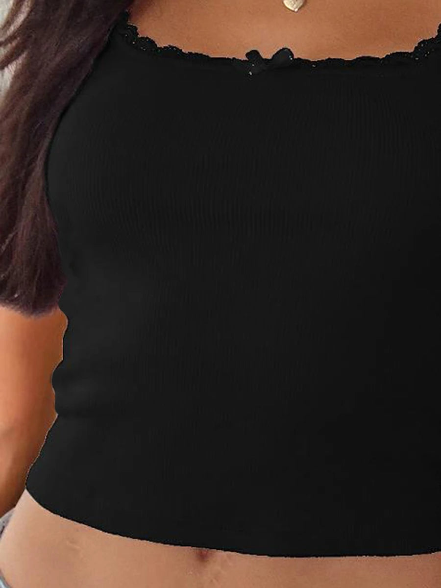 Women Summer Crop Camisole Casual Lace Trim Spaghetti Strap Tank Tops Sleeveless T-Shirt for Streetwear Clubwear