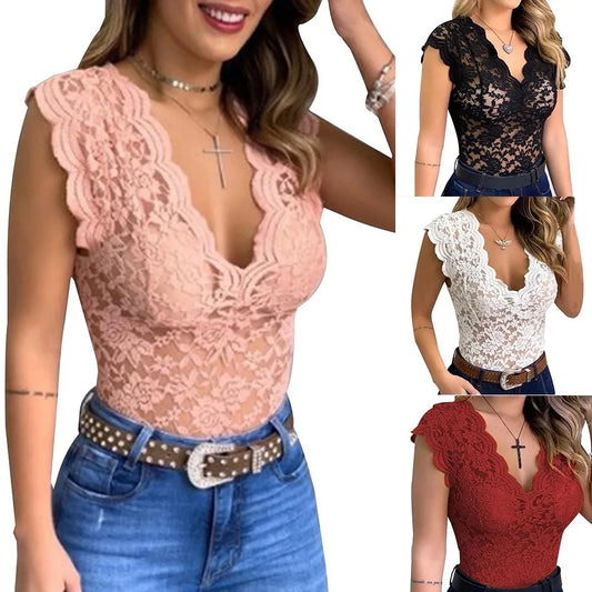 Lace Blouses Shirts Sexy Club Female Acrylic Shirts Deep V Summer Fashon Tops Lace Sexy V Neck Sleeveless Fashon Top