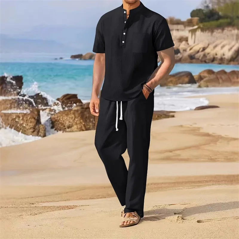 Men s Casual 2 Piece Outfit Short Sleeve Henley Tops with Drawstring Pants Loose Solid Color Set for a Stylish Look