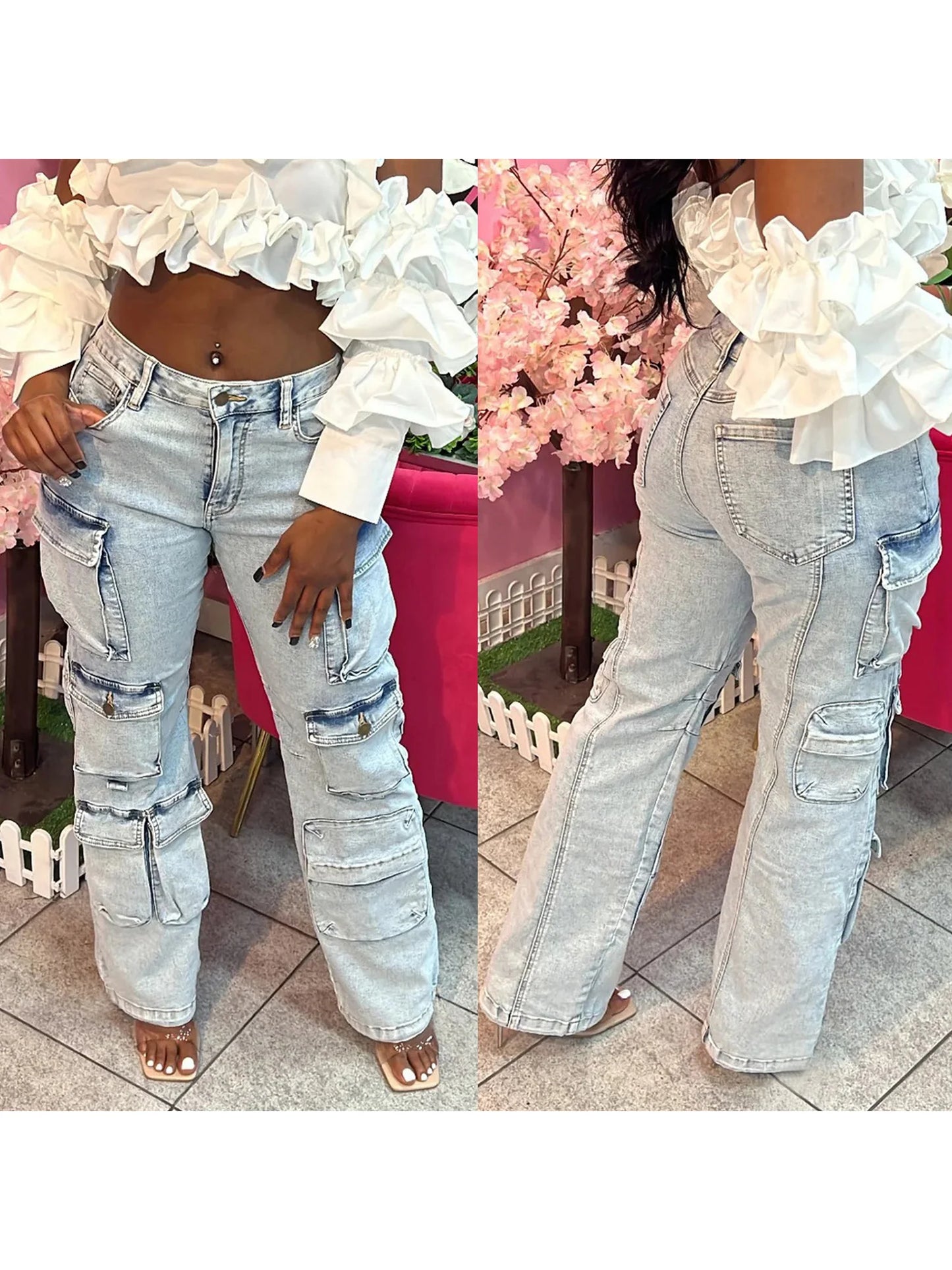 Ladies Classic Straight Leg Cargo Jeans with Mid Rise and Solid Color Denim - Stylish Casual Trousers for Everyday Wear