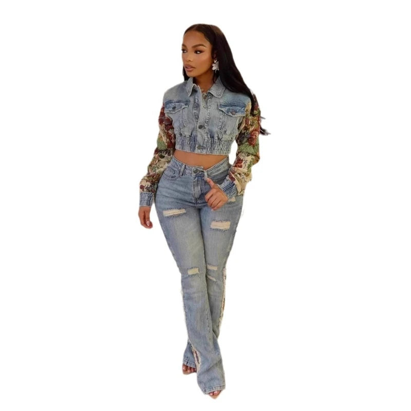 New autumn and winter fashion print color matching denim jeans