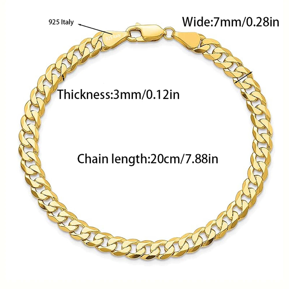 18K Gold Plated 7mm Bracelet for Men Women 925 Sterling Silver Curb Cuban Chain Bracelet Fashion Jewelry Gifts Shipping from USA