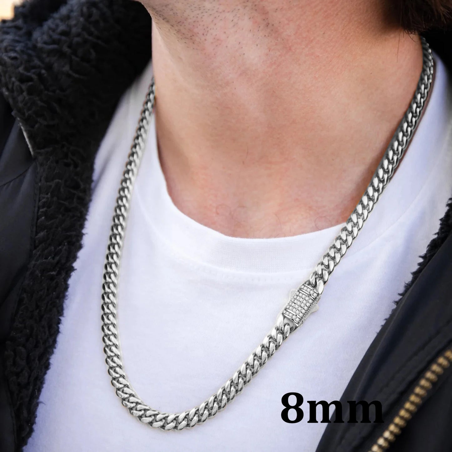 6-14mm Stainless Steel Round Cuban Miami Chains Necklaces CZ Zircon Box Lock  Heavy Link Chain for Men Hip Hop Rapper jewelry