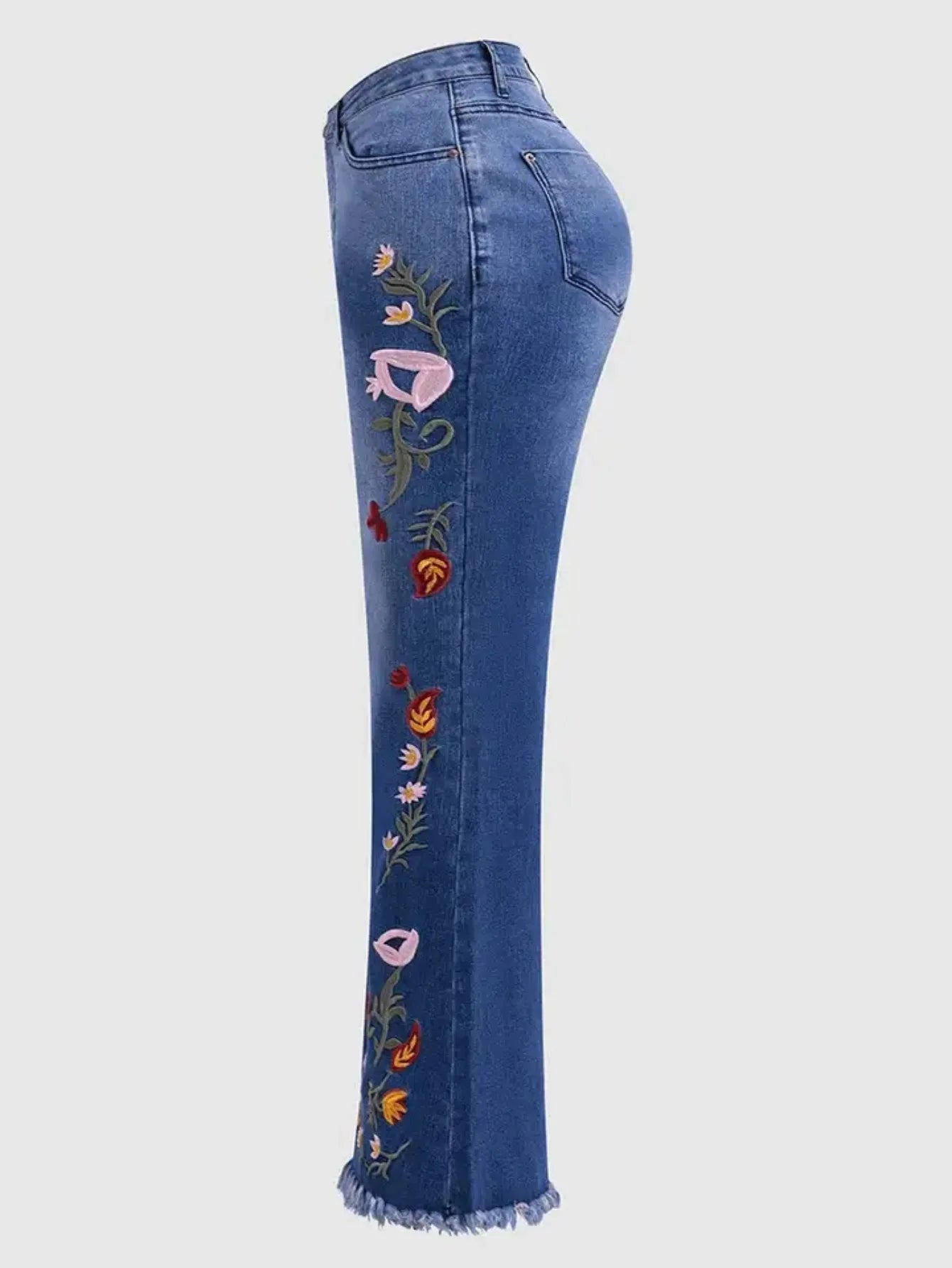 Women's High-Waisted Stretch Floral-Print Slim Fit Denim Flare Pants, with Raw-Edge Hem and Vintage Washed Denim Finish, Sui