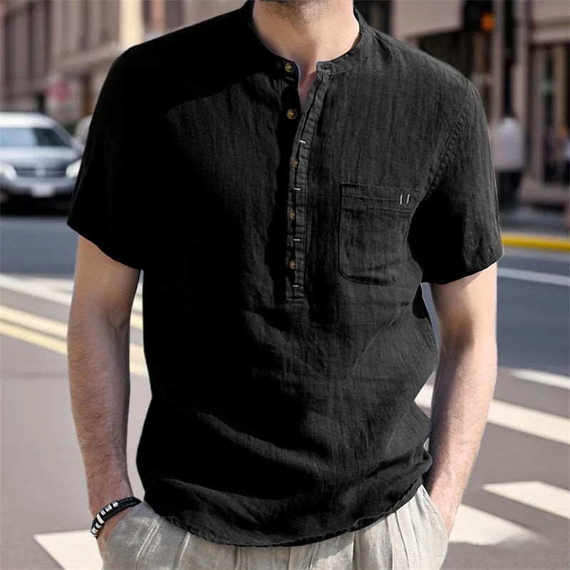 Men s Casual  Fit Short Sleeve Linen Henley Shirt Lightweight Breathable Solid Color Summer Tee Top with Round Neck