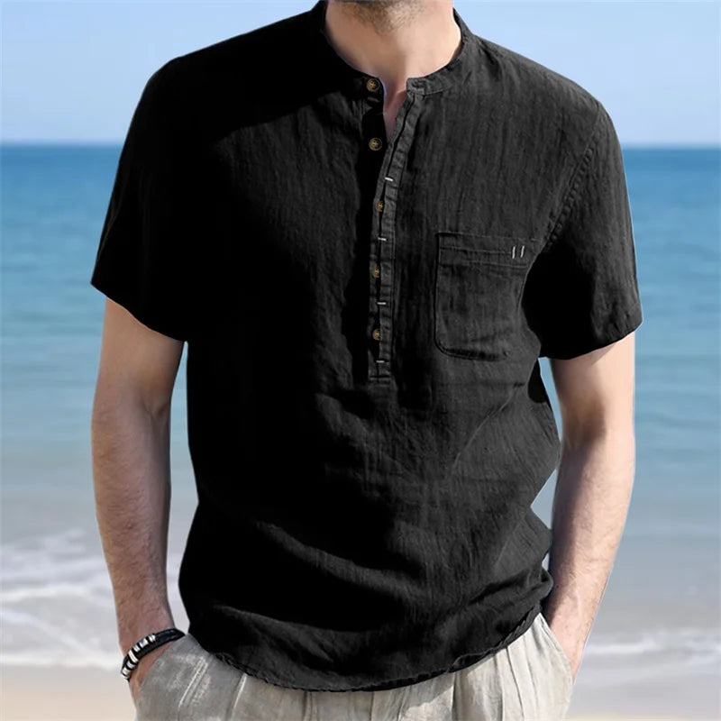 Men s Casual  Fit Short Sleeve Linen Henley Shirt Lightweight Breathable Solid Color Summer Tee Top with Round Neck