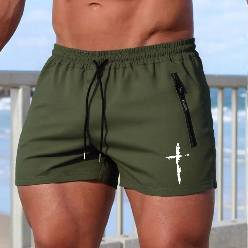 Men's Cross Print Beach Shorts Summer Quick Dry Side Double Zipper Pockets Design Running Basketball Training Gym Shorts