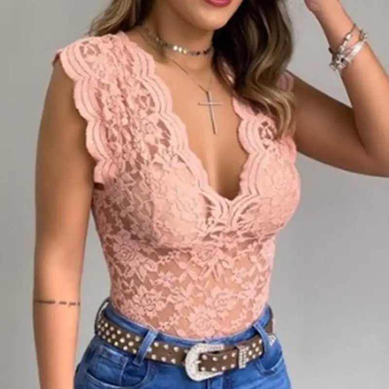 Lace Blouses Shirts Sexy Club Female Acrylic Shirts Deep V Summer Fashon Tops Lace Sexy V Neck Sleeveless Fashon Top