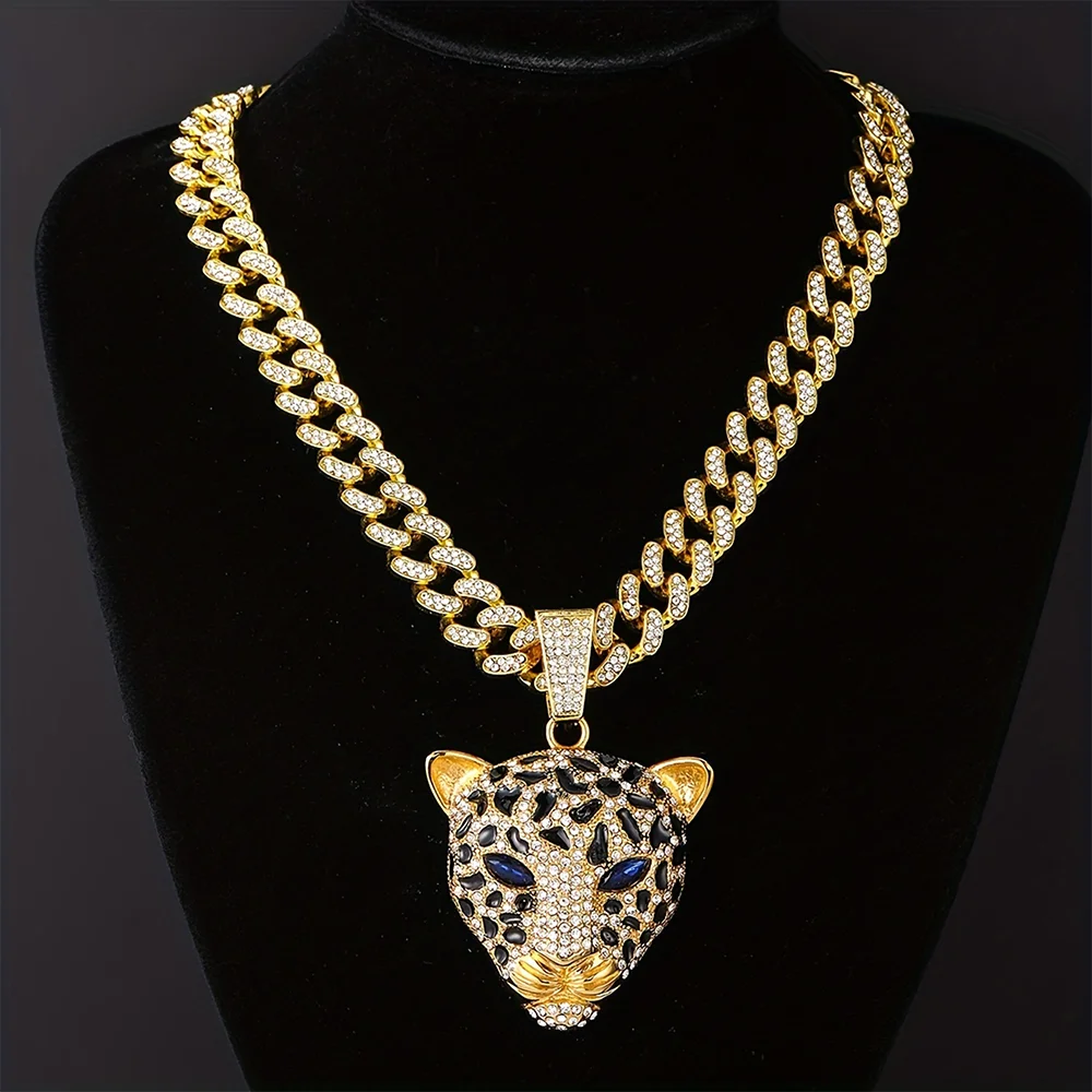 Leopard Necklace Zinc Alloy Diamond Leopard Head Pendant Personalized Luxury Cuban Chain Hip Hop Jewelry for Men and Women USA