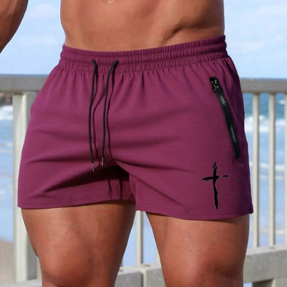 Men's Cross Print Beach Shorts Summer Quick Dry Side Double Zipper Pockets Design Running Basketball Training Gym Shorts