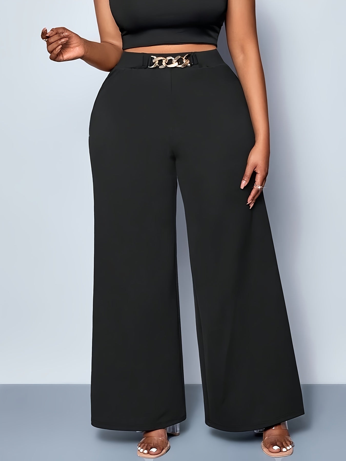 Plus Size, Plus Size Women's High-Waisted Wide-Leg Pants - Stretchy All-Season Trousers, Machine Washable Elegant Solid Color Black Casual to Formal Wear, High Waist Pants, Versatile Clothing, Highelastic Fabric